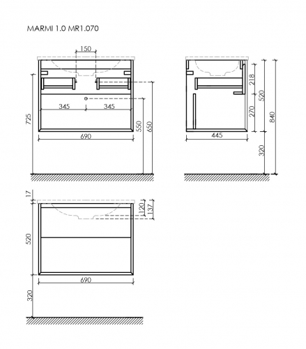 Тумба подвесная SANCOS Marmi 1.0 690х445х520 c одним ящиком оснащенным доводчиками скрытого монтажа и открытой нишей, дуб галифакс натуральный, MR1.070EG