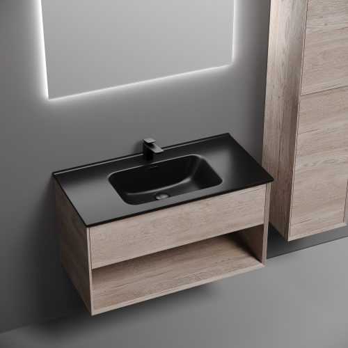 Тумба подвесная SANCOS Marmi 1.0 890х445х520 c одним ящиком оснащенным доводчиками скрытого монтажа и открытой нишей, дуб галифакс натуральный, MR1.090EG