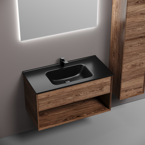 Тумба подвесная SANCOS Marmi 1.0 890х445х520 c одним ящиком оснащенным доводчиками скрытого монтажа и открытой нишей, дуб чарльстон,MR1.090ECH