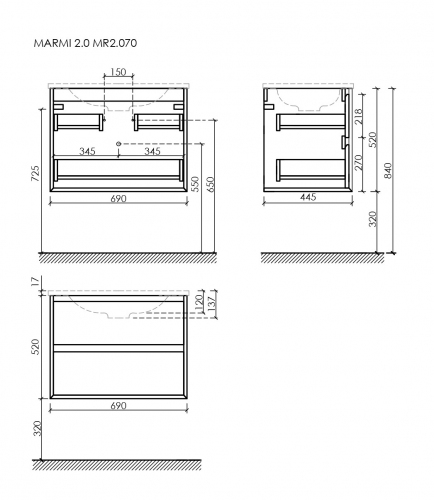 Тумба подвесная SANCOS Marmi 2.0 690х445х520 с двумя ящиками оснащенными доводчиками скрытого монтажа, дуб чарльстон,MR2.070ECH