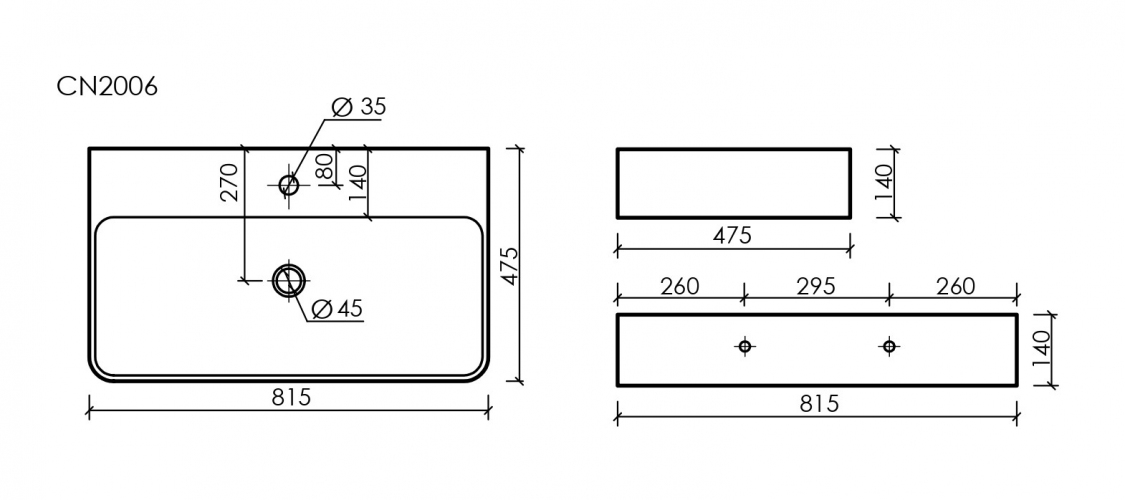 Умывальник CERAMICANOVA AURA с 1 отверстием для смесителя, без перелива CN2006
