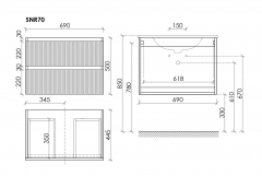 Тумба подвесная SANCOS Snob R 690х445х500, c двумя ящиками оснащенными доводчиками, Bianco,SNR70W
