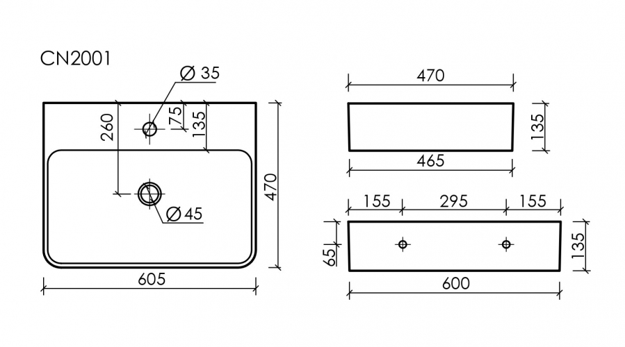 Умывальник CERAMICANOVA AURA с одним отверстием для смесителя CN2001
