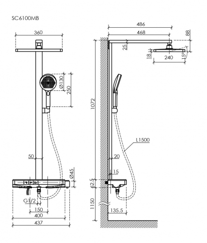 Душевая система Sancos Vos с термостатом черный,SC6100MB