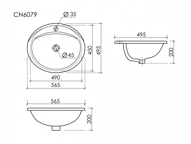 Раковина встраиваемая сверху CERAMICANOVA Sun с отверстием слива - перелива овальной формы CN6079