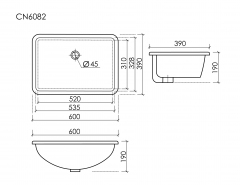 Раковина встраиваемая снизу CERAMICANOVA Era прямоугольной формы с отверстием слива- перелива CN6082
