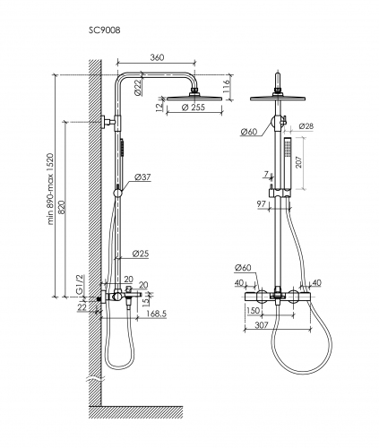 Душевая система с термостатом SANCOS и изливом Etna, вороненая сталь, SC9008GG