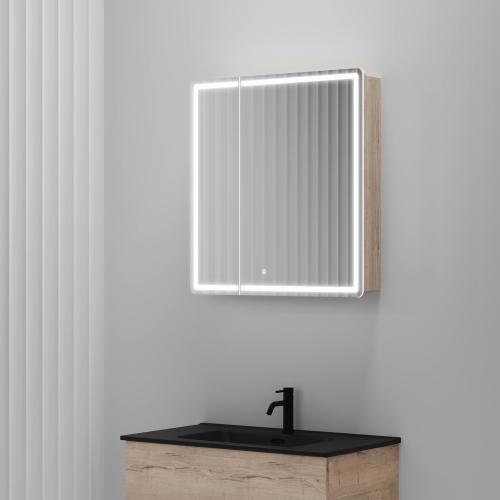 Зеркальный шкаф SANCOS для ванной комнаты SANCOS Mirror 690x150х740 мм, с LED подсветкой, цвет дуб галифакс натуральный, с розеткойарт. MI70EG