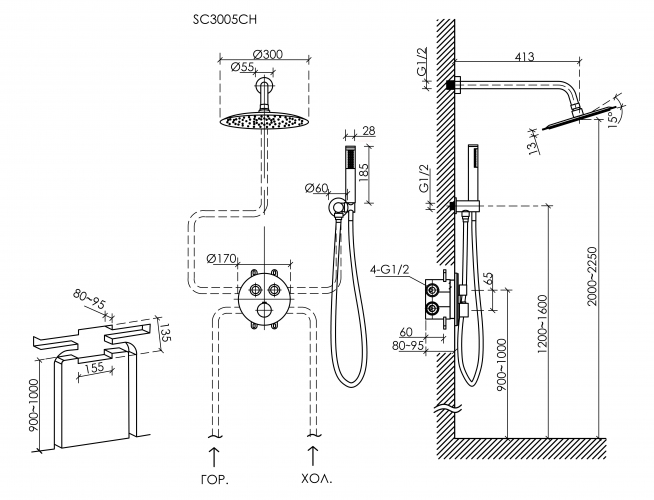 Душевой комплект SANCOS Link встраиваемый, c термостатическим смесителем, цвет хром, SC3005CH