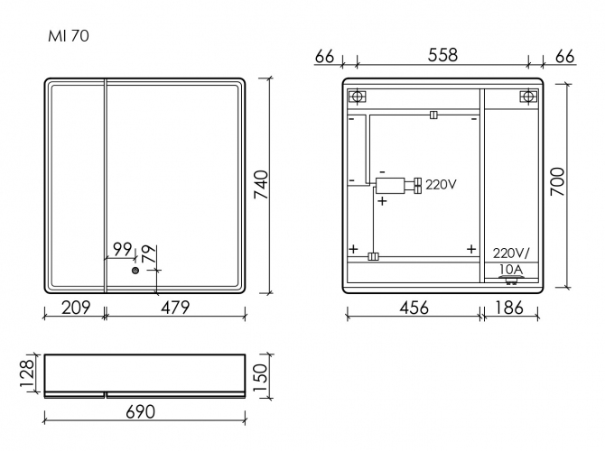 Зеркальный шкаф SANCOS для ванной комнаты SANCOS Mirror 690x150х740 мм, с LED подсветкой, цвет дуб чарльстон, с розеткой, MI70ECH