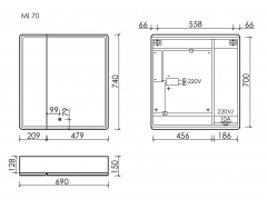 Зеркальный шкаф SANCOS для ванной комнаты SANCOS Mirror 690x150х740 мм, с LED подсветкой, цвет дуб чарльстон, с розеткой, MI70ECH
