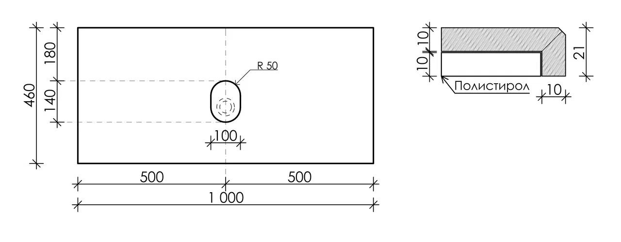Столешница для ванной комнаты SANCOS 1000х460 без отверстия под смеситель, цвет kreman, артикул TT100A2, TT100A2