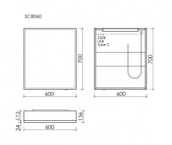 Зеркальный шкаф SANCOS для ванной комнаты из алюминия SANCOS Evoke 600x700х136 мм, с LED подсветкой, SC8060