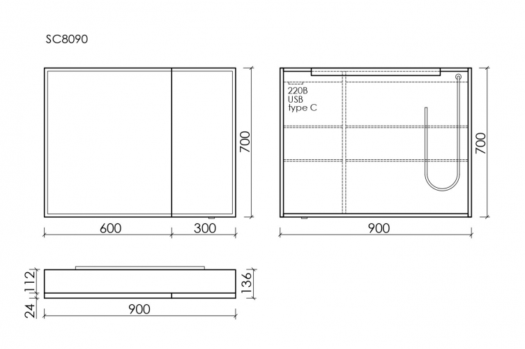 Зеркальный шкаф SANCOS для ванной комнаты из алюминия SANCOS Evoke 900x700х136 мм с LED подсветкой, SC8090