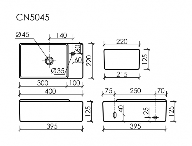 Умывальник CERAMICANOVA Element подвесной прямоугольный (чаша слева, отверстие под смеситель справа) цвет черный матовый CN5045MB