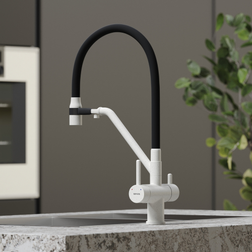 Смеситель для кухни Sancos Dora с гибким изливом, цвет белый гранит/черный, SC4003GR