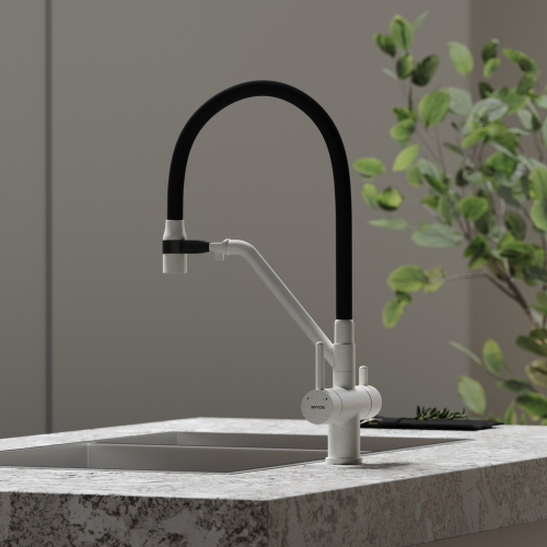 Смеситель для кухни Sancos Dora с гибким изливом, цвет белый гранит/черный, SC4003GR