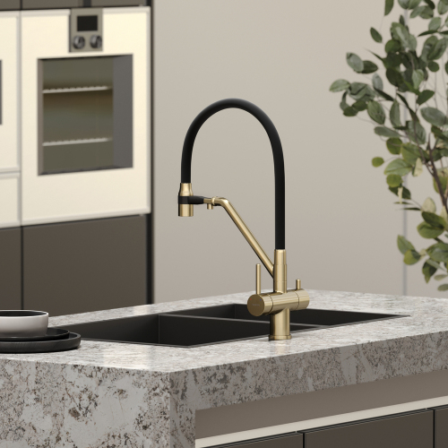Смеситель для кухни Sancos Dora с гибким изливом, цвет брашированное золото/черный, SC4003BG