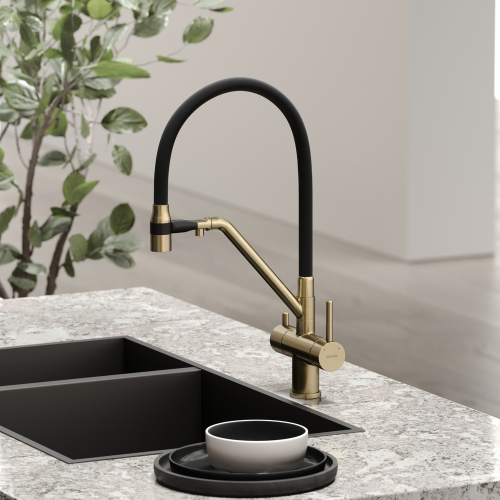Смеситель для кухни Sancos Dora с гибким изливом, цвет брашированное золото/черный, SC4003BG