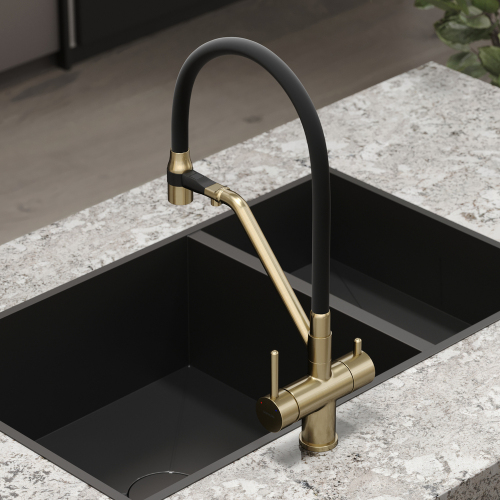 Смеситель для кухни Sancos Dora с гибким изливом, цвет брашированное золото/черный, SC4003BG