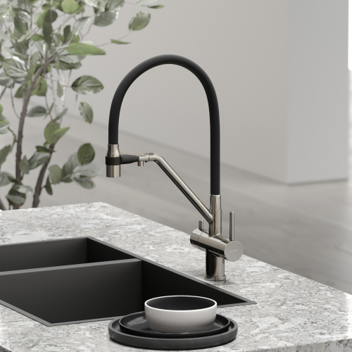 Смеситель для кухни Sancos Dora с гибким изливом, цвет брашированный никель/черный, SC4003BN