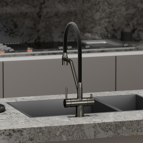 Смеситель для кухни Sancos Dora с гибким изливом, цвет вороненая сталь/черный, SC4003GG