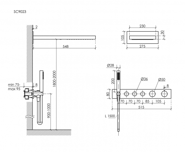 Душевой комплект с термостатом SANCOS Linn, с внутренней частью, брашированное золото, PVD покрытие, SC9023BG