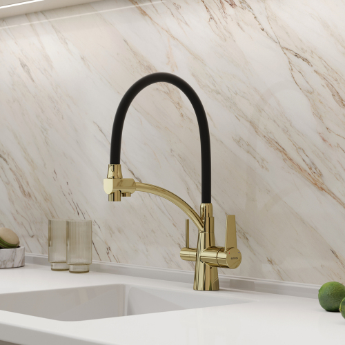 Смеситель для кухни Sancos Eri с гибким изливом, цвет полированное золото/черный, SC4001ZG
