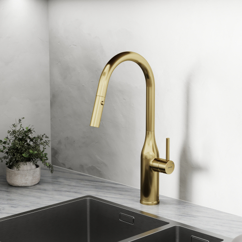 Смеситель для кухни Sancos Grand с вытяжным изливом, цвет брашированное золото, SC4002BG