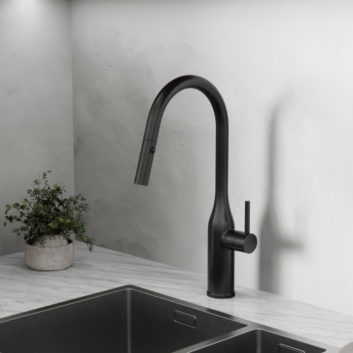 Смеситель для кухни Sancos Grand с вытяжным изливом, цвет матовый черный, SC4002MB