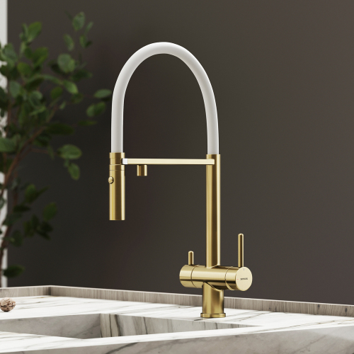 Смеситель для кухни Sancos Imola с гибким изливом, цвет брашированное золото/белый, SC4010BG