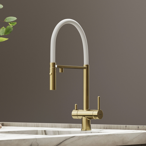 Смеситель для кухни Sancos Imola с гибким изливом, цвет брашированное золото/белый, SC4010BG