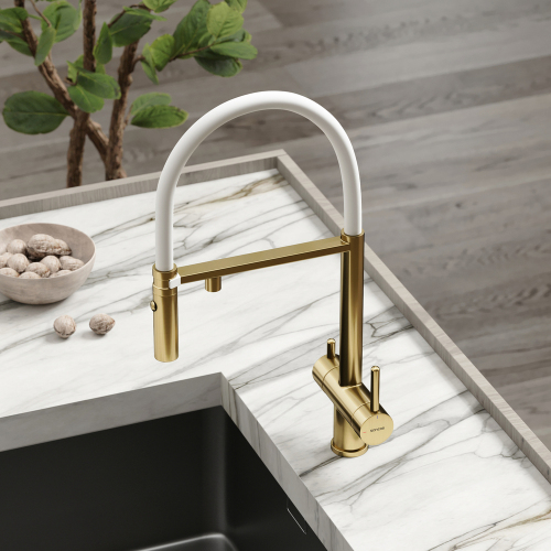 Смеситель для кухни Sancos Imola с гибким изливом, цвет брашированное золото/белый, SC4010BG