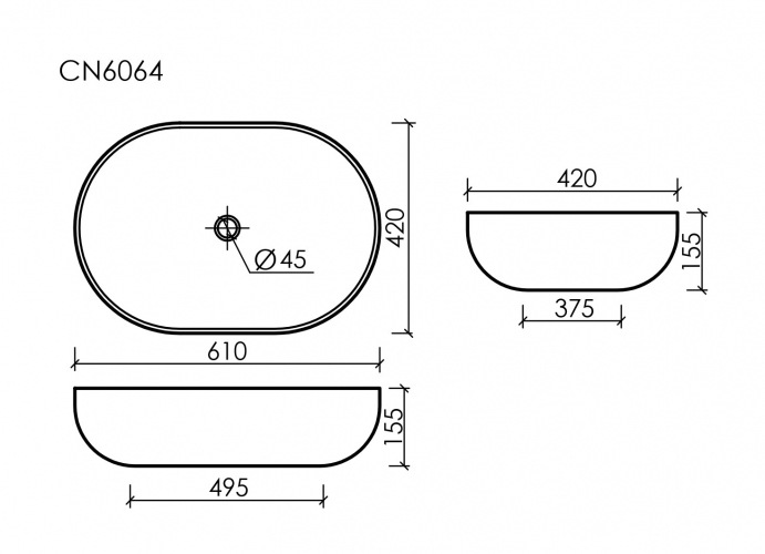 Умывальник CERAMICANOVA Element чаша накладная овальная со сливом переливом CN6064