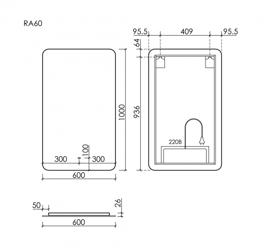 Зеркало SANCOS c подсветкой Ray, 600х1000, RA600