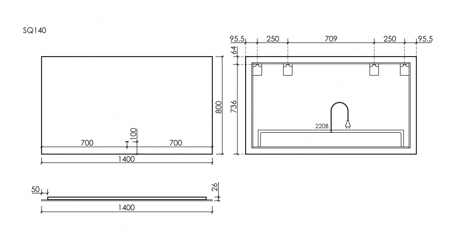Зеркало SANCOS c подсветкой Square, 1400х800, SQ1400
