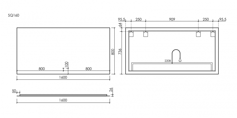 Зеркало SANCOS c подсветкой Square, 1600х800, SQ1600